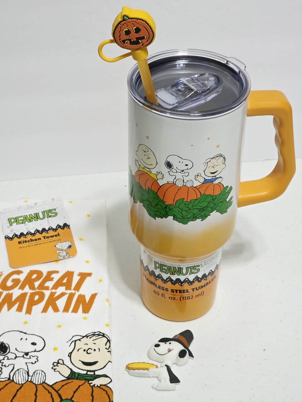 Peanuts Snoopy Great Pumpkin 40 oz Tumbler Cup Handle Straw Topper Towel Magnet - Picture 14 of 16